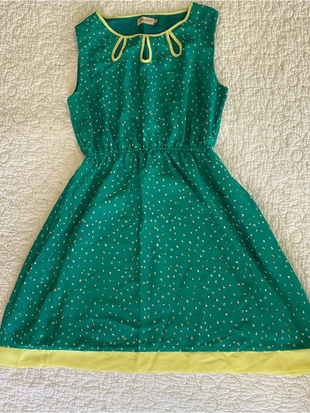 Miss Patina Green Polka Dot Dress with Yellow Trim